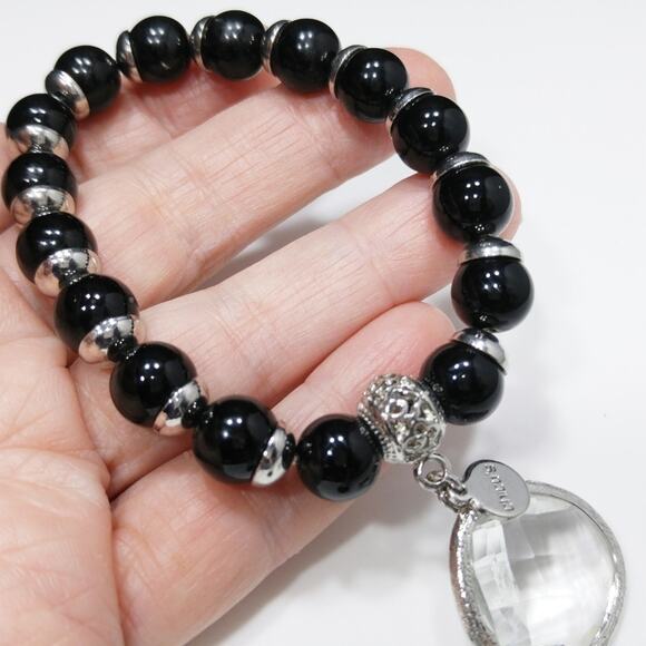 Chico’s Black Beaded Stretch Bracelet Silver Tone Clear Crystal Charm - Picture 5 of 8
